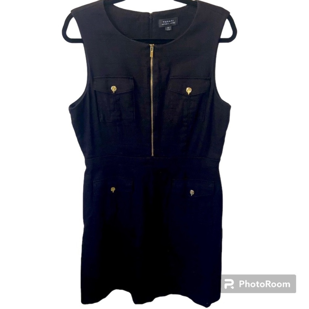 Tahari Dress Size 14 Arthur S. Levine Black Mini/Midi Sleeveless Safari Utility